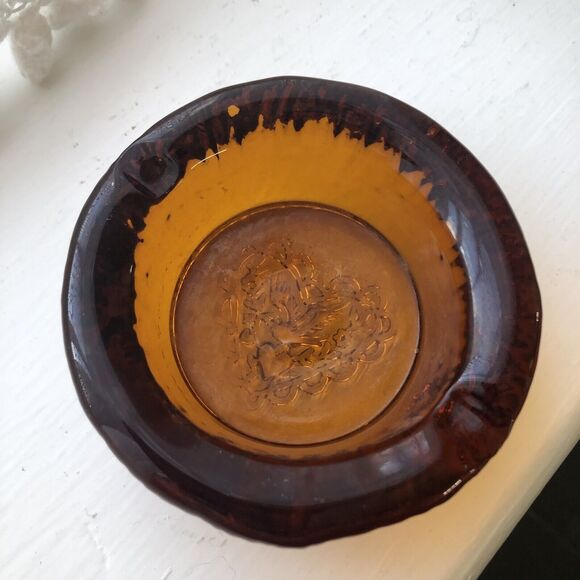 Vtg Amber Nuline Glass Cigar Ashtray Retro Heart Bird Valentine Dove Wheaton - Picture 2 of 5